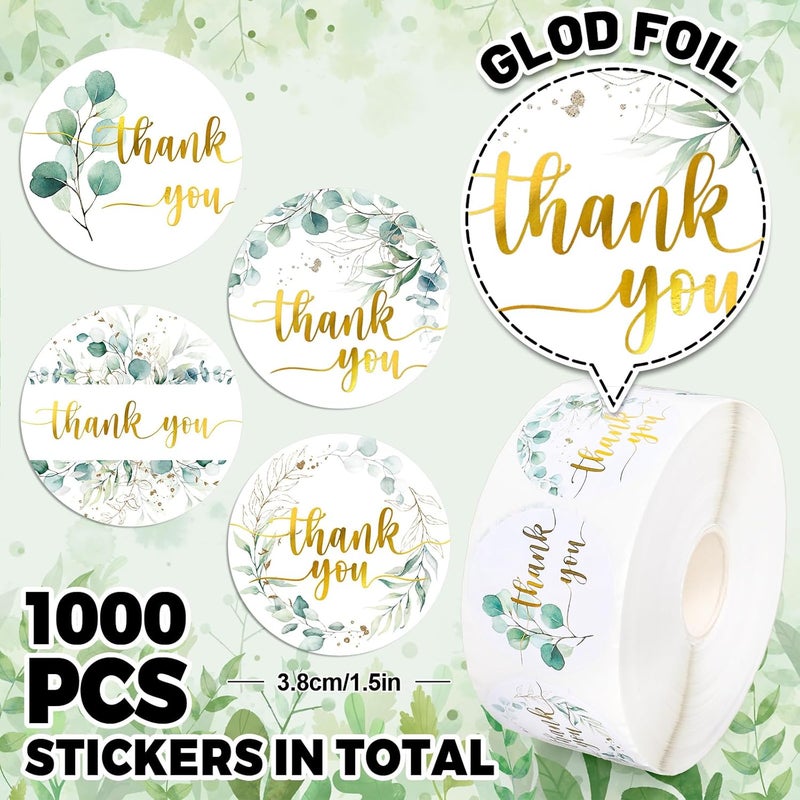 Whaline 1000 Pcs Greenery Thank You Stickers Roll Eucalyptus Gold Foil Thank You Seal Stickers Leaves Self-Adhesive Decals for Wedding Small Business Baby Shower Envelope Card, 4 Designs - Image 2